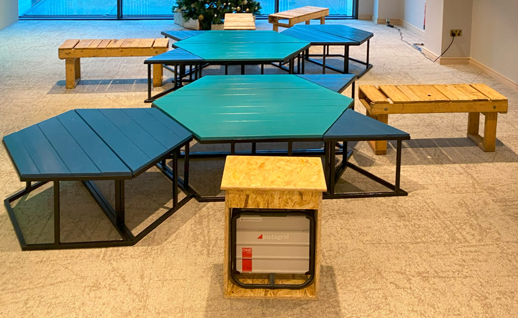 Repurposed materials were used to create these wooden tables and benches for UCLG Culture Summit, Dublin 2023